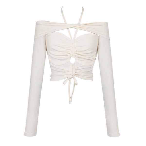 Blusa Hombros Descubiertos con Cintura Ajustable y Detalles Calados