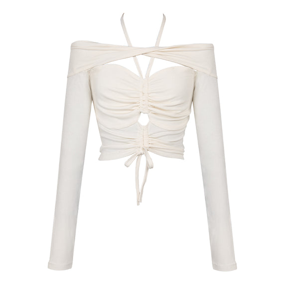 Blusa Hombros Descubiertos con Cintura Ajustable y Detalles Calados