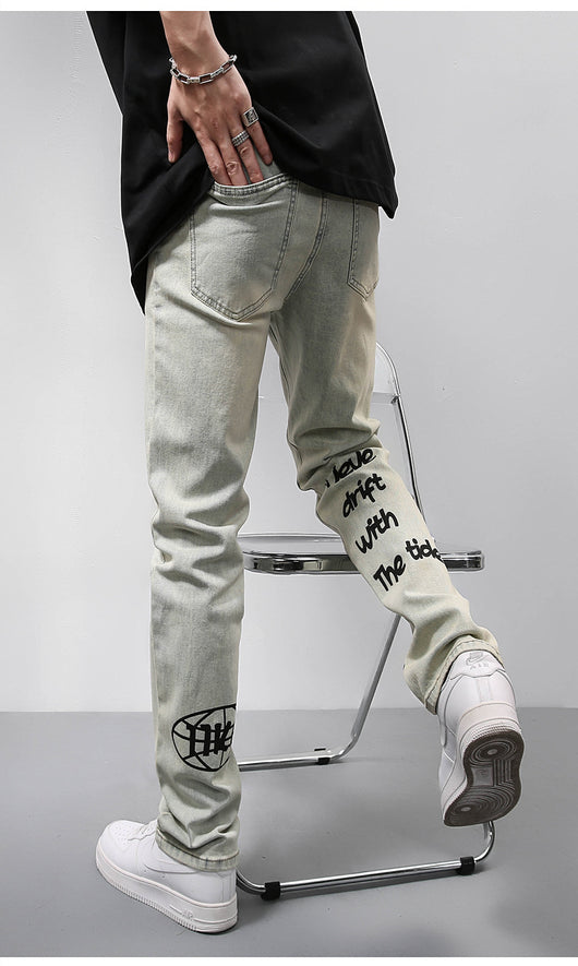 Jeans Vintage Americano Desgastado Amarillo con Estampado de Letras - Image 9