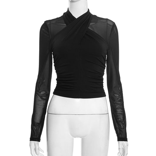 Blusa Cuello Redondo con Malla Fruncida y Detalles Cruzados - Image 12