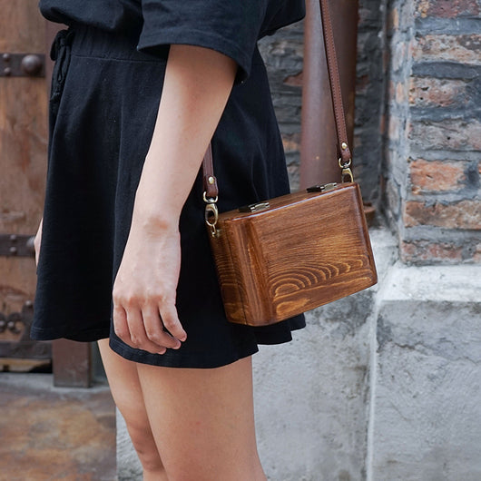 Bolso Mensajero Literario Retro de Madera con Doble Hebilla para Mujer