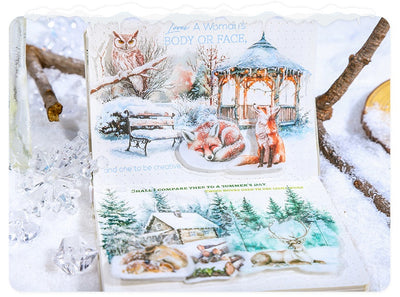 A set of 25 PET stickers featuring winter landscapes, ice castles, deer, wolves, and an ice queen in a snowy fantasy theme. - Image 27