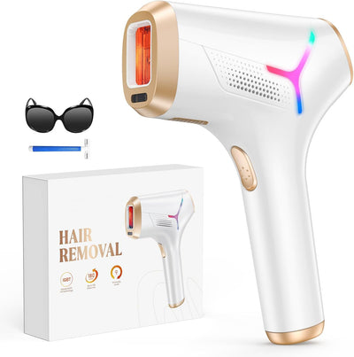 White and gold IPL hair removal device with safety glasses and razor, shown with its "Hair Removal" packaging. - Image 4