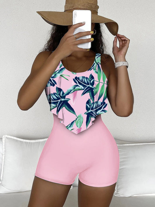 Traje de Baño Deportivo Estampado Tropical con Bloques de Color