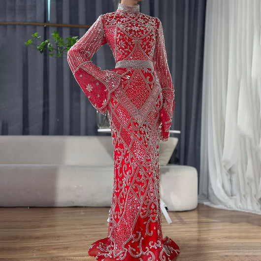 Vestido Largo de Noche Rojo con Cuello Alto y Falda Sirena - Image 17