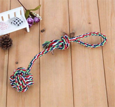 Blue, white, and light blue braided cotton rope dog toy with a knotted ball and loop handle. - Image 5