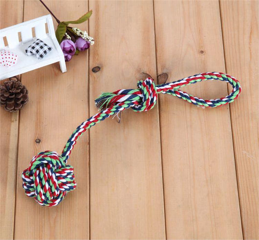 Blue, white, and light blue braided cotton rope dog toy with a knotted ball and loop handle. - Image 5