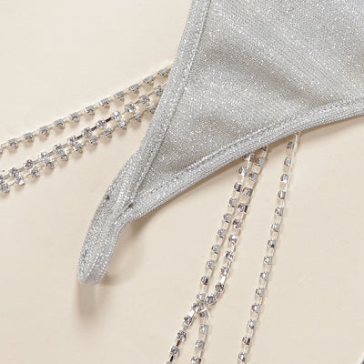 Silver rhinestone mesh bandeau bikini set with matching garter belt, displayed on a clear mannequin. - Image 14
