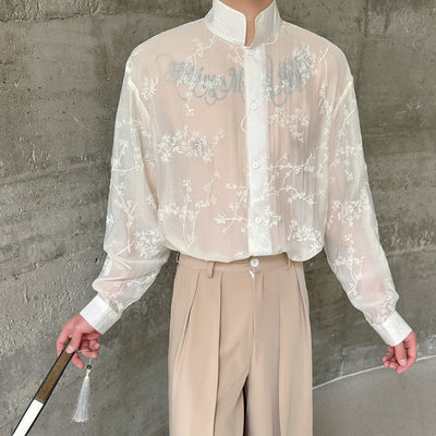 Camisa Manga Larga Cuello Mao con Diseño Floral 3D Semitransparente - Image 6