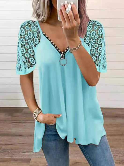 Camiseta Suelta de Manga Corta con Costura de Encaje - Image 11