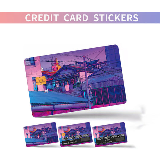 Anime cityscape credit card sticker with vibrant pink, purple, and blue hues, showing buildings and power lines. - Image 14