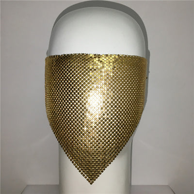Gold rhinestone mask made of metal mesh, covering the face from the eyes to below the chin, displayed on a white mannequin head. - Image 40