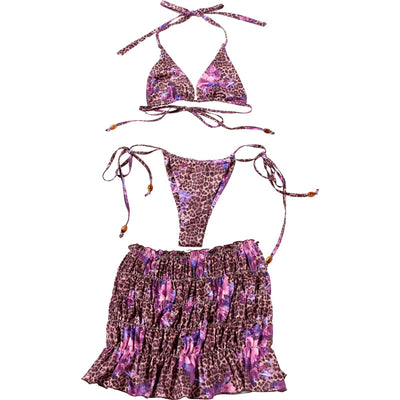 Three-piece bikini set with a brown leopard and pink floral print halter top, matching bottom, and ruched mini skirt. - Image 8