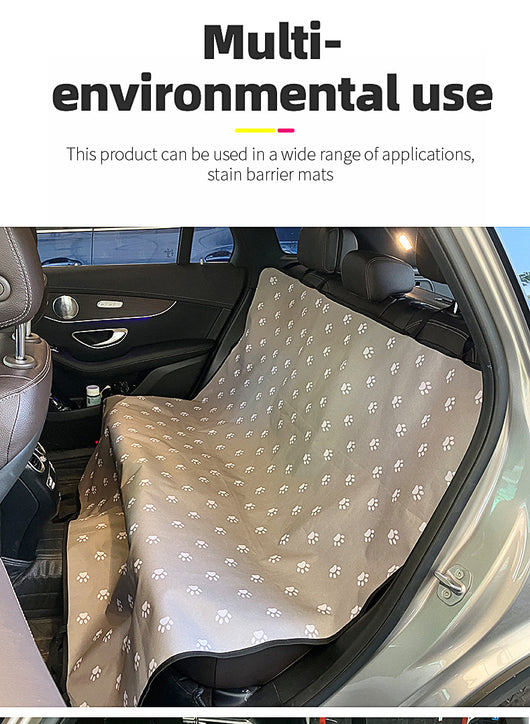 Pink car pet mat with white paw print and bone patterns, featuring black straps for securing to a rear seat. - Image 22
