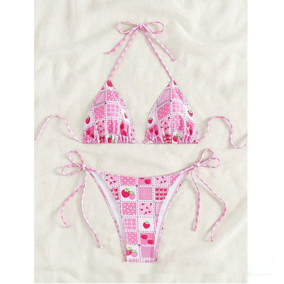 Female creative minimally printed split bikini set with a vibrant bohemian pattern and tie-side bottoms. - Image 3