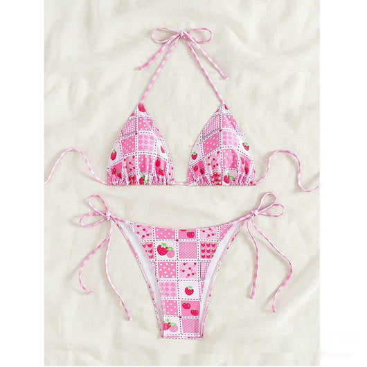 Female creative minimally printed split bikini set with a vibrant bohemian pattern and tie-side bottoms. - Image 3
