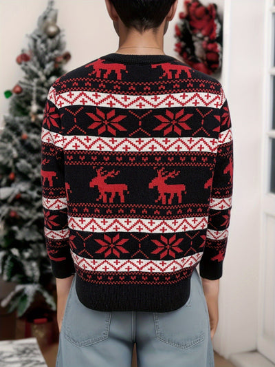 Women's black, red, and white Christmas sweater with reindeer and snowflake fair isle patterns, round neck, long sleeves. - Image 19