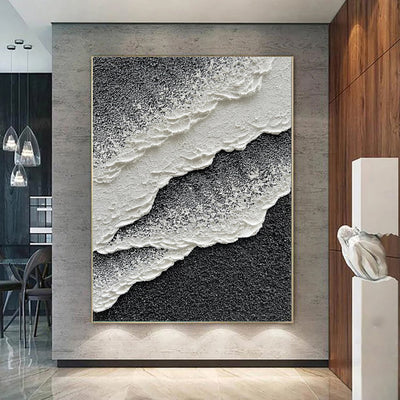 Cuadro Abstracto Olas del Mar 3D - Arte Moderno en Lienzo Pintado a Mano Estilo Minimalista Blanco y Negro - Image 4