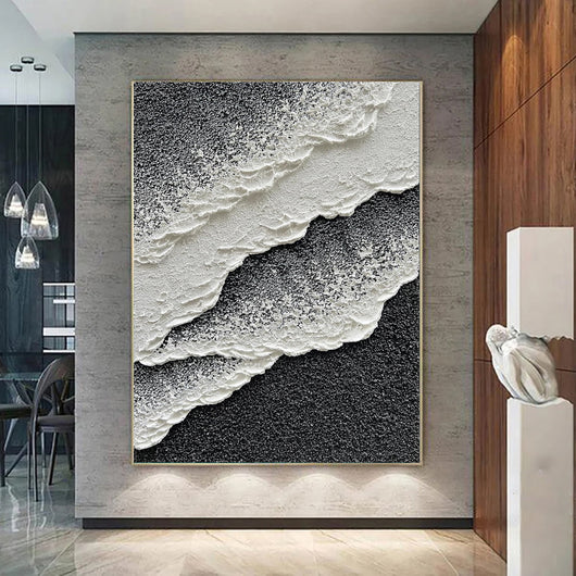 Cuadro Abstracto Olas del Mar 3D - Arte Moderno en Lienzo Pintado a Mano Estilo Minimalista Blanco y Negro - Image 4