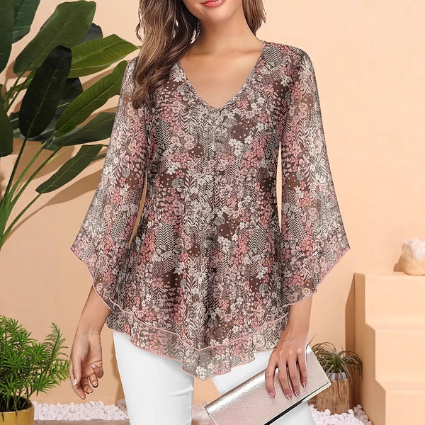 Blusa Larga de Gasa con Estampado Floral y Cuello en V