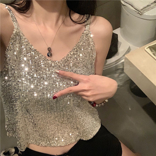 Camiseta Escote V con Detalles Brillantes