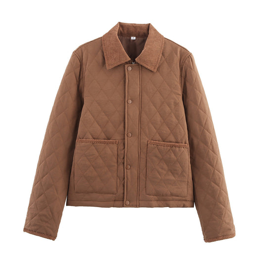 Chaqueta Corta de Algodón Cuello Solapa Diseño Cuadros Diamante Otoño Invierno - Image 7