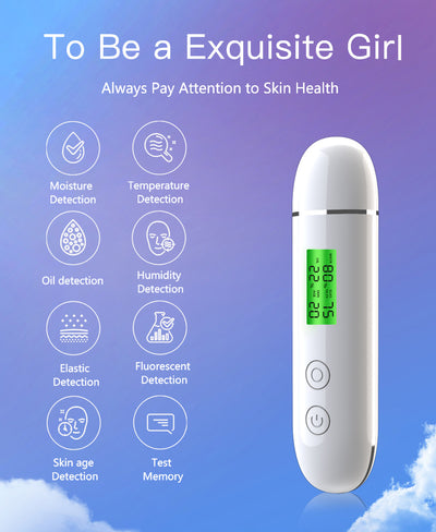 White rechargeable smart facial skin tester with green digital display, USB-C charging cable, and user manual. - Image 10