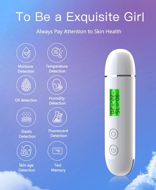 White rechargeable smart facial skin tester with green digital display, USB-C charging cable, and user manual. - Image 10