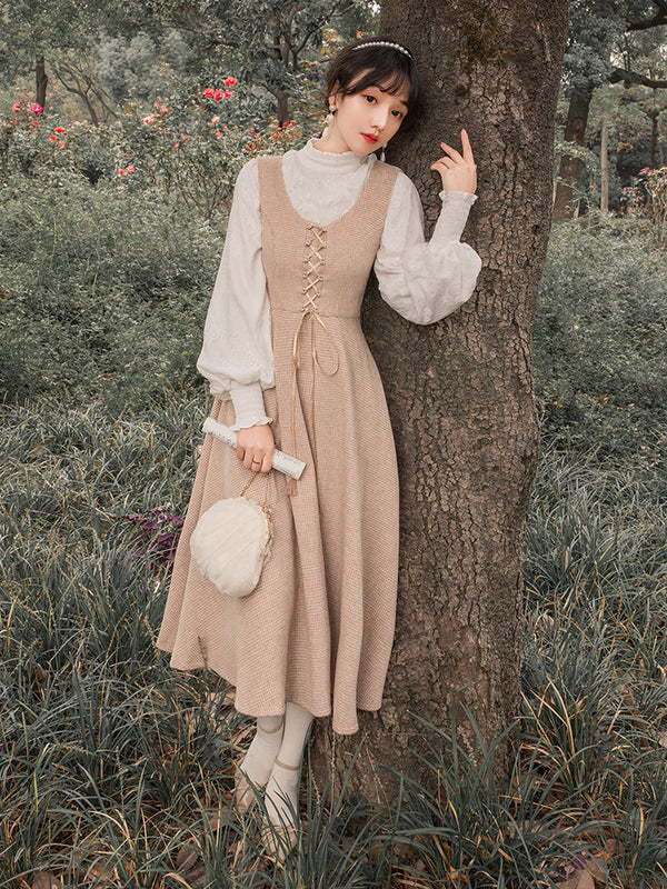 Conjunto Elegante de Blusa con Mangas Farol y Falda Chaleco de Lana - Inspiración Francesa