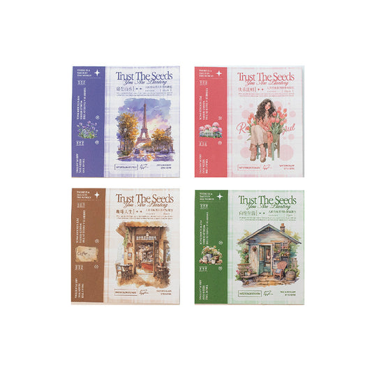 Retro Japanese paper sticker book with 50 sheets of watercolor-style daily life, house, garden, and cafe themed stickers. - Image 2