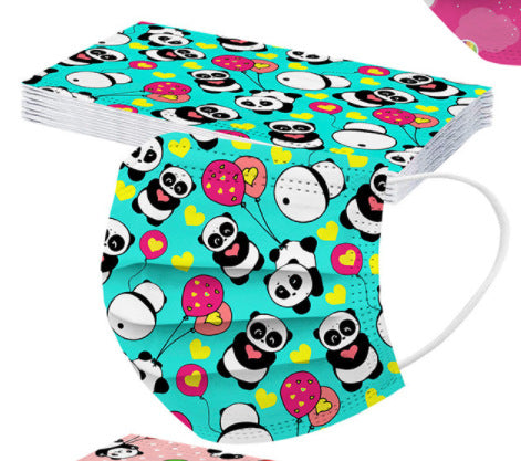 Pink children's protective mask with a cute panda and colorful balloon pattern, featuring white ear loops. - Image 5