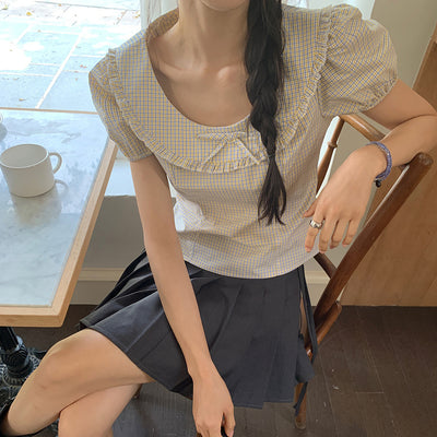 Blusa Corta Cuadros Retro con Escote Amplio