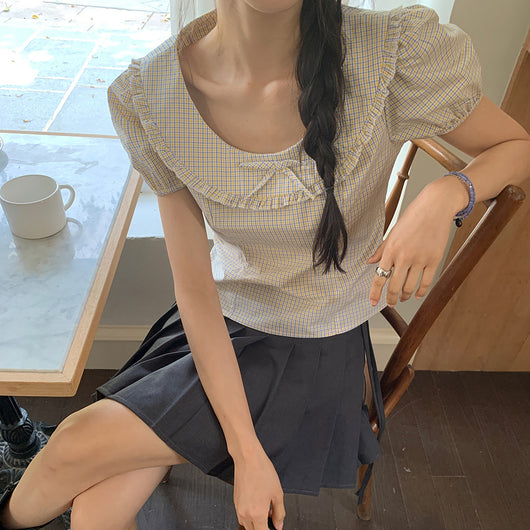Blusa Corta Cuadros Retro con Escote Amplio