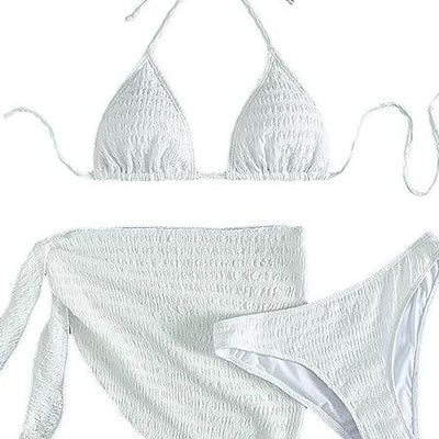 White textured lace-up split bikini swimsuit with a triangle halter top, high-cut bottoms, and matching sarong. - Image 3