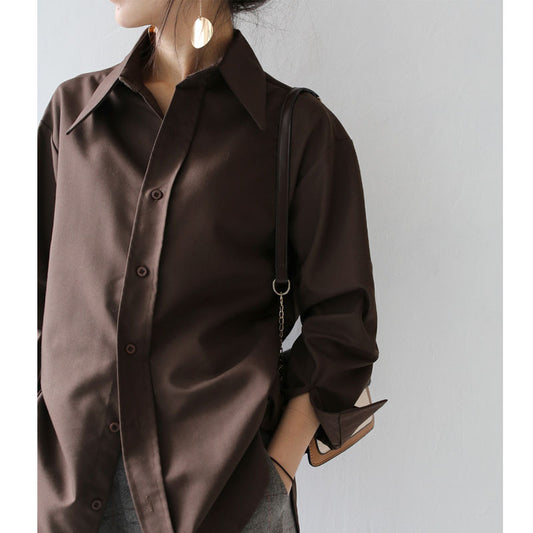 Blusa Coreana Suelta de Color Liso para Mujer - Básico Versátil de Manga Larga