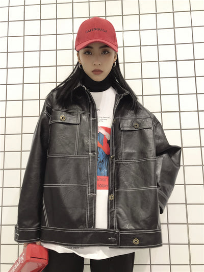 Chaqueta de Cuero PU para Motocicleta Mujer con Bolsillos Grandes y Costuras Topstitched - Image 14