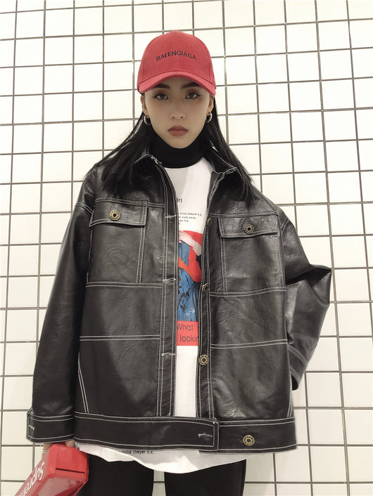 Chaqueta de Cuero PU para Motocicleta Mujer con Bolsillos Grandes y Costuras Topstitched - Image 14