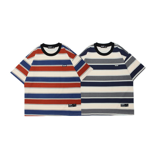 Camiseta Manga Corta Hombre Estilo Japonés a Rayas con Combinación de Colores