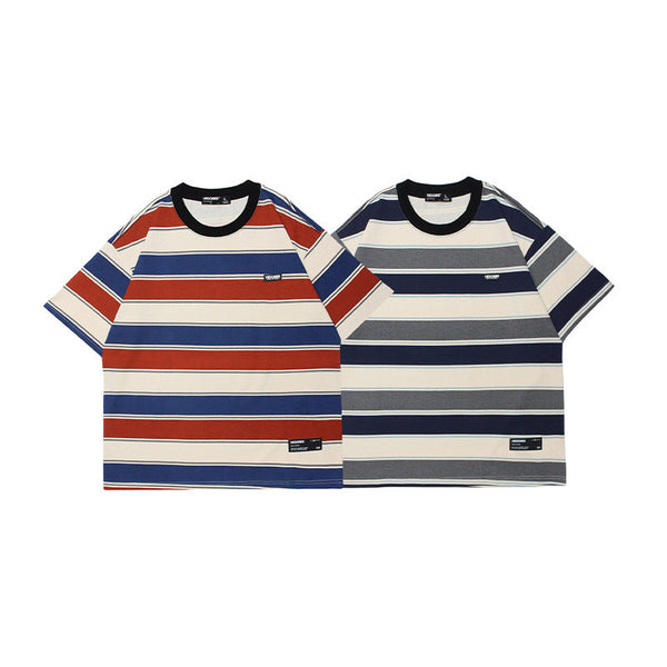 Camiseta Manga Corta Hombre Estilo Japonés a Rayas con Combinación de Colores