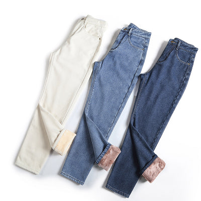 Pantalones Vaqueros Fleece Mujer Corte Recto Holgado
