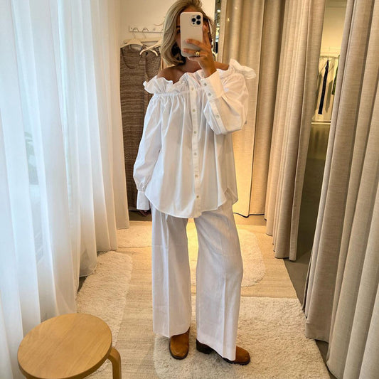 Conjunto Elegante Blusa Blanca Hombro Descubierto con Pantalón Ancho - Image 2