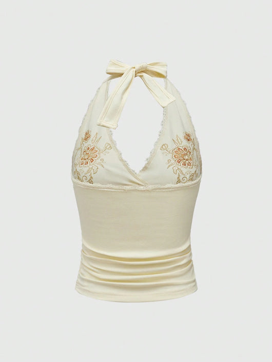 Chaleco Halter de Encaje Floral Bordado Ajustado y Estilizador - Image 8