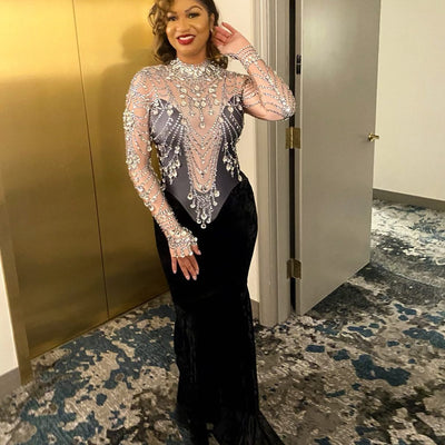 Vestido de Noche Ajustado con Diamantes y Borlas Brillantes
