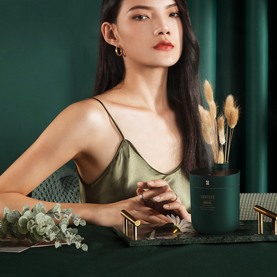 Dark green cylindrical humidifier with a black top, 300mL capacity, and a single control button. - Image 9