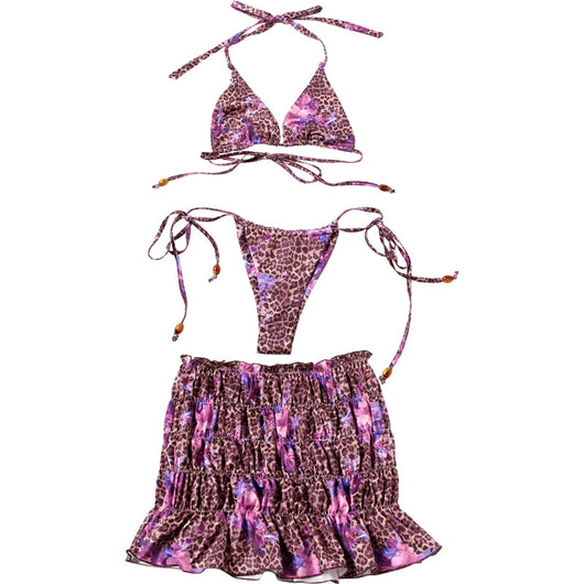Three-piece bikini set with a brown leopard and pink floral print halter top, matching bottom, and ruched mini skirt. - Image 11