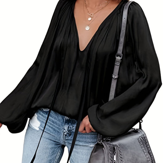Blusa de Satén con Cuello en V y Mangas Largas para Mujer - Image 4