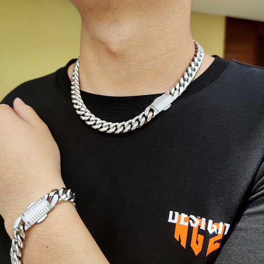 Collar y Pulsera Hip Hop Acero Inoxidable con Cierre de Resorte 12mm - Image 13