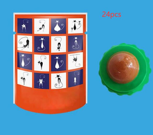 Two pet cat energy ball lick toys with catnip, one with a green base and orange pouch, the other with a blue base and black pouch. - Image 19