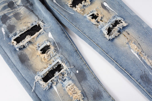 Jeans Vintage con Parches de Strass y Tinta Splash - Estilo Europeo Americano - Image 18