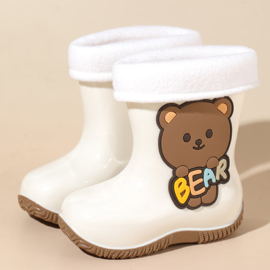 White children's rain boots with a brown cartoon bear holding colorful 'BEAR' lettering and a white fleece lining. - Image 5